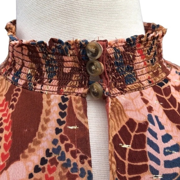 A.L.C. Silk Chiffon Metallic Thread Keyhole blouse High Neck Botanical Print - Picture 8 of 11